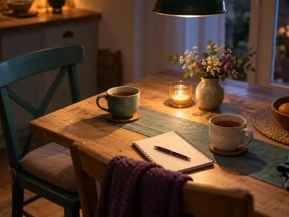 Tavolo di cucina la sera con due sedie accostate, due tazze di tè e un quaderno sotto la luce calda di una lampada