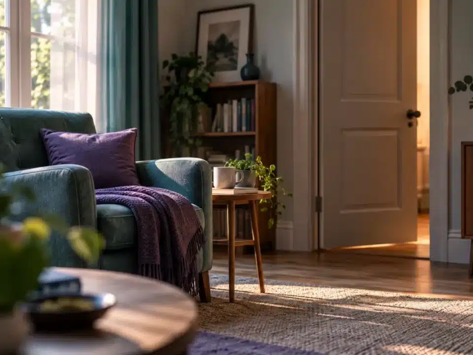 Salotto in luce del mattino con una poltrona accanto alla finestra e una porta socchiusa da cui entra una luce calda